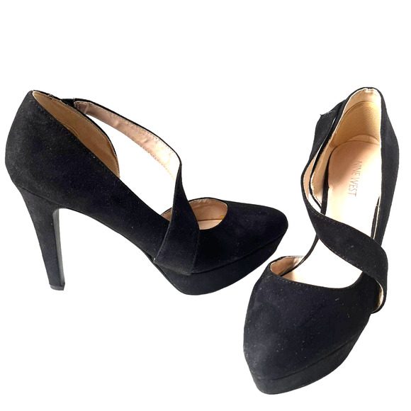 NINE WEST Saskia Strappy Platform Heels Stiletto Pumps Shoes Black Suede Leather - Picture 2 of 12